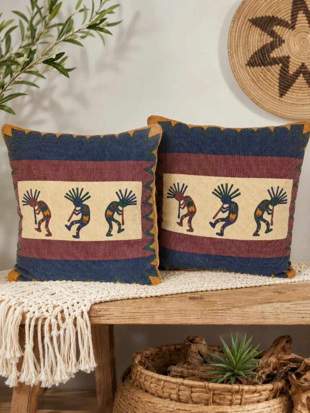 Southwest Kokopelli Tapestry Throw Pillows Set of 2 Western Cabin Rustic Native